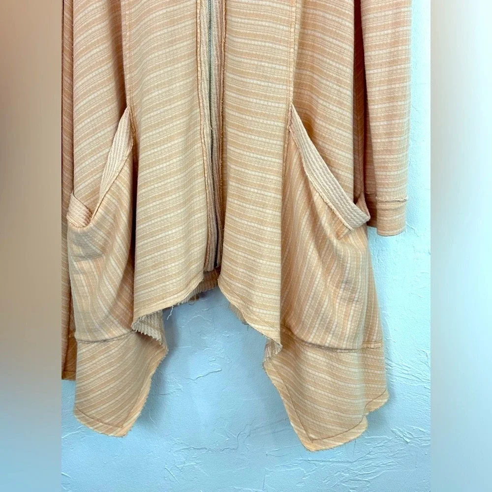 FREE PEOPLE Orange Boho Hooded Jacket Relaxed Waffle Knit Full Zip Women's Large